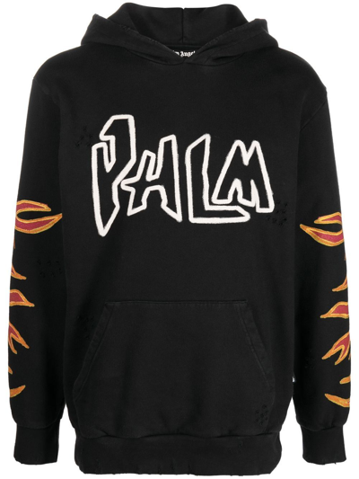 Palm Angels Flame-print Cotton Hoodie In Black