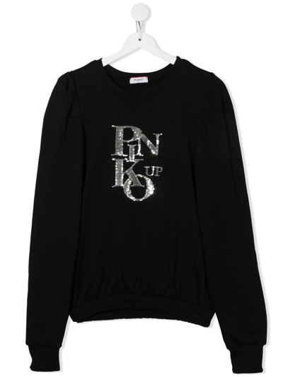 Pinko Teen Sequin-logo Cotton Sweatshirt In Black