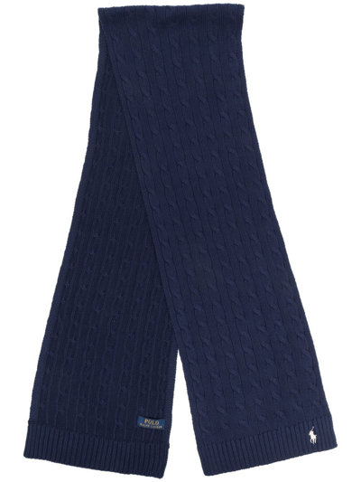 Polo Ralph Lauren Embroidered-logo Cable-knit Scarf In Blue