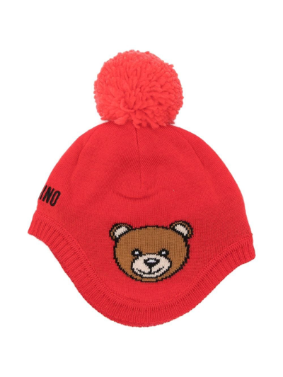 Moschino Babies' Logo-embroidered Knitted Hat In Red