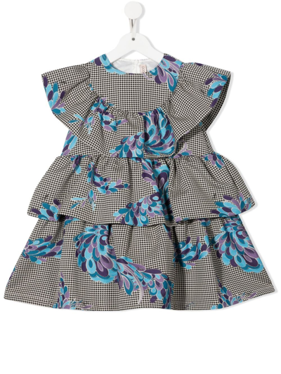 Pucci Junior Kids' Houndstooth Floral Tiered Dress In Brown