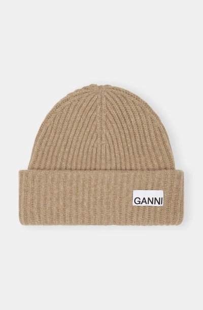 Ganni Loose Wool Rib Knit Beanie In Beige