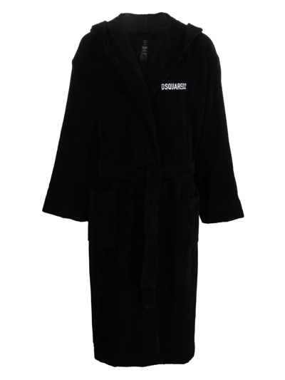 Dsquared2 Terry Cottton Bathrobe With Belt And Logo In Black