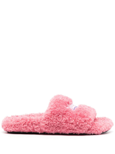 Balenciaga Pink Furry Slide Sandal In Fake Shearling With White And Blue Political Campaign Embroideries Balenc