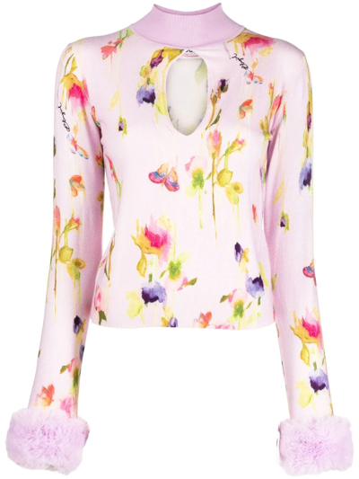 Blugirl Floral-print Cut-out Knit Top In Beige