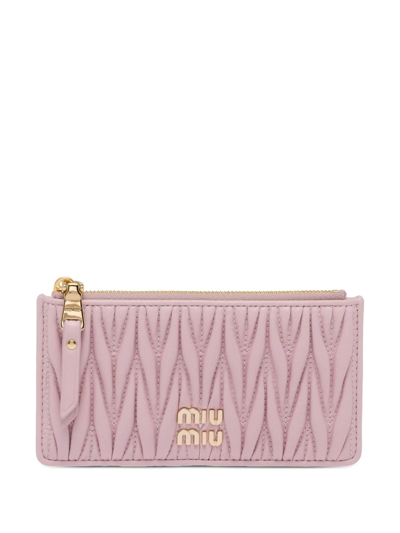 Miu Miu Logo Matelassé Leather Zipped Wallet In Pink