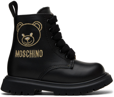 Moschino Baby Black Teddy Embroidery Combat Boots In Black Var. 1