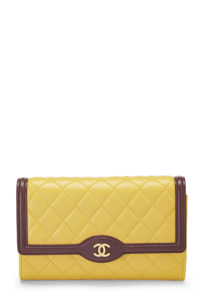 Pre-owned Chanel Yellow & Burgundy Quilted Lambskin Wallet On Chain (woc)