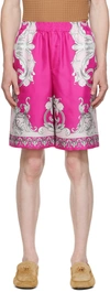 Versace Silver Baroque Print Silk Twill Shorts In Fuchsia