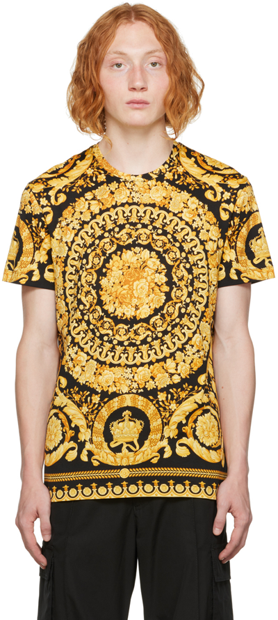 Versace T-shirt Jersey Cotton Bio Stampa Barocco Classic In Black Gold