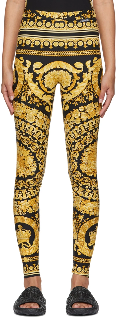 Versace Black And Gold Leggings With Baroque Print In Yellow
