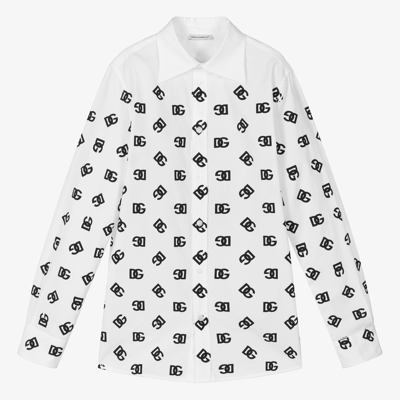 Dolce & Gabbana Kids' Poplin Shirt With Dg Logo Print In White