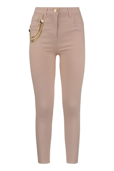 Elisabetta Franchi Skinny Jeans With Chain And Stud Charm In Nude