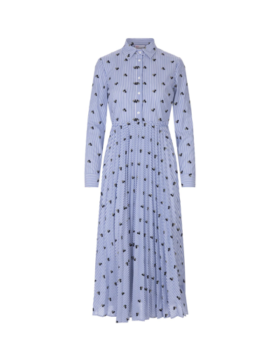 Red Valentino White And Light Blue Striped Midi Shirt Dress With All-over Cherries In Azzurro
