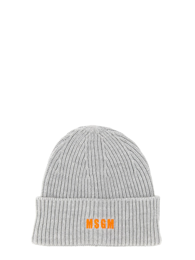 Msgm Embroidered Logo Knitted Beanie In Grey