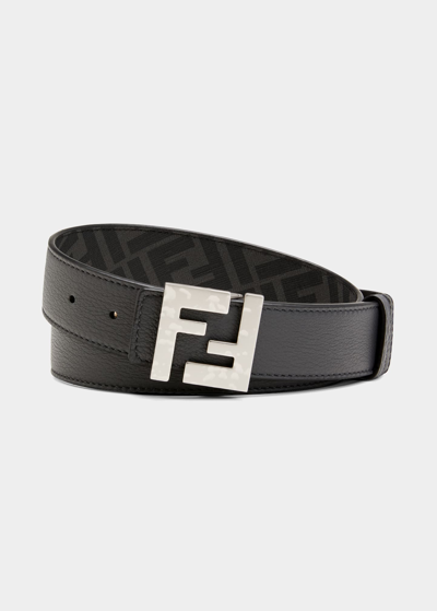 Fendi Leather And Ff Fabric Reversible Belt In Black,grey