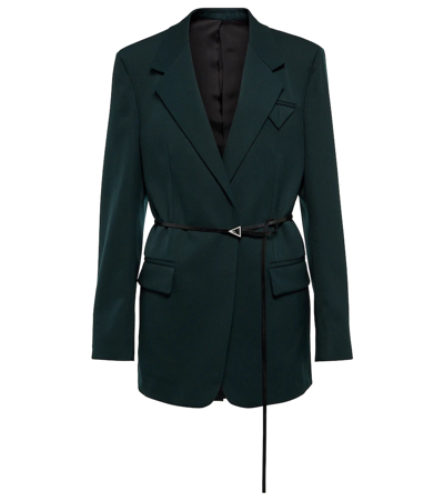 Bottega Veneta Belted Leather-trimmed Grain De Poudre Wool-blend Blazer In Inkwell