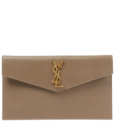 Saint Laurent Uptown Ysl-plaque Grained-leather Clutch Bag In Taupe