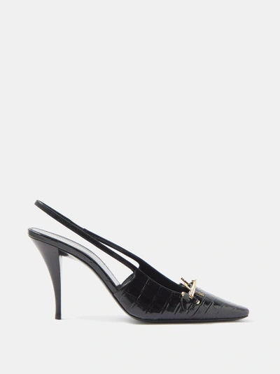 Saint Laurent Blade Embellished Croc-effect Leather Slingback Pumps In Black