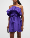 Oscar De La Renta Strapless Bow-embellished Cotton-blend Moire Mini Dress In Violet