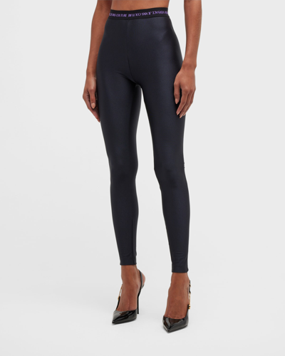 Versace Jeans Couture Logo Shiny Lycra Leggings In Black