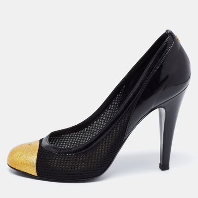 Pre-owned Chanel Black/yellow Mesh Patent And Textured Leather Cap-toe Pumps Size 39
