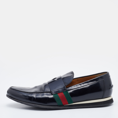 Pre-owned Gucci Black Leather Web Penny Slip On Loafers Size 42.5