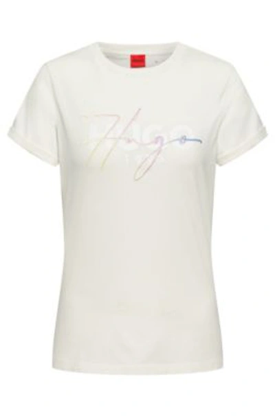 Hugo Cotton-jersey Slim-fit T-shirt With Layered Logos In White