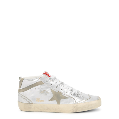 Golden Goose Mid Star Silver Distressed Leather Sneakers
