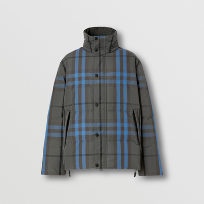 Burberry Packaway Hood Reversible Check Nylon Puffer Jacket In Grey,blue