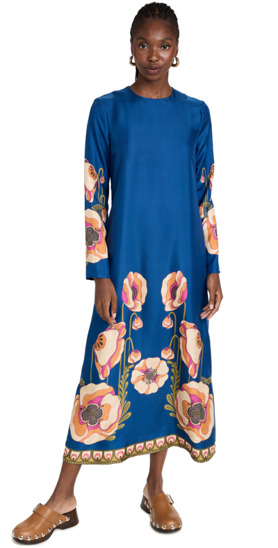 La Doublej Floral Printed Silk Long Sleeve Maxi Dress In Blue