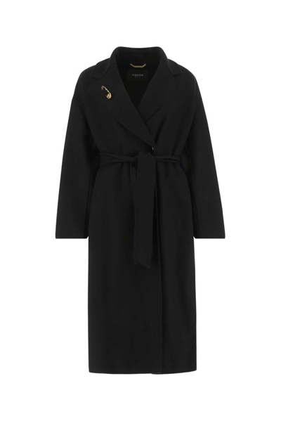 Versace Safety-pin Detail Belted Coat In Black