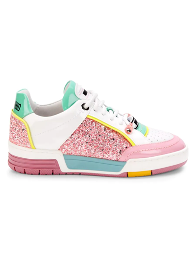 Moschino Couture ! Women's Glitter Trim Sneakers In Pink Multi