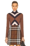 Burberry Chevron Check Jersey Roll-neck Top In Dark Birch Brown