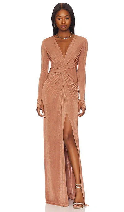 Katie May Slinky Shimmer Knit Cut-out Gown In Muted Copper