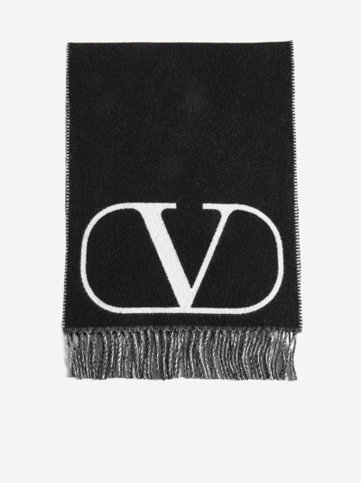 Valentino V Logo嵌花羊毛&羊绒围巾 In Black