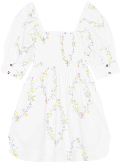 Ganni Poplin Floral Smocked Puffed-sleeve Mini Dress In White