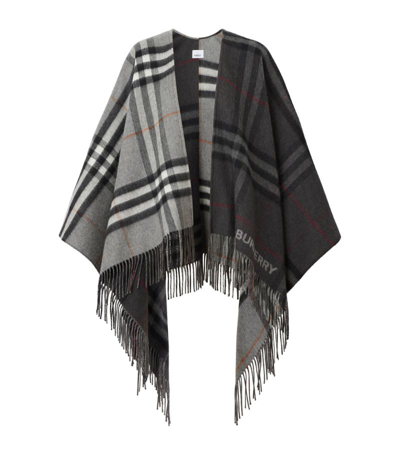 Burberry Split Check Fringe Trim Cashmere Cape In Grey