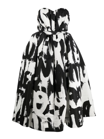 Alexander Mcqueen Graffiti-print Strapless Pleated Midi Dress In Black/white