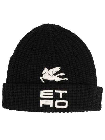 Etro Appliqué-logo Ribbed-knit Beanie In Black