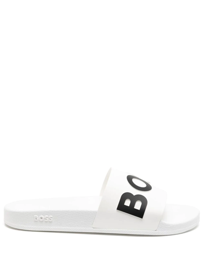 Hugo Bay Logo-embossed Slides In Weiss