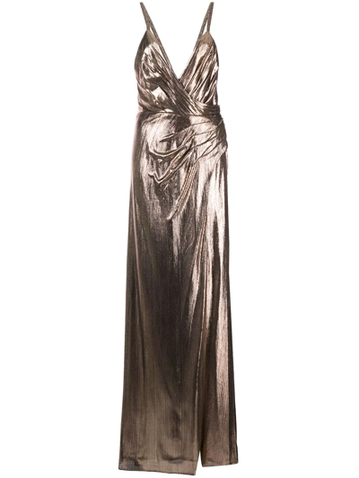 Retroféte Yesi Metallic Wrap Bodice Gown With Side Slit In Gold