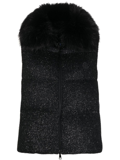 Moncler Carrelet Faux Fur-trimmed Quilted Metallic Wool-blend Tweed Down Waistcoat In Black