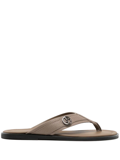 Giorgio Armani Men's Leather Logo Flip Flop Sandals In Tan