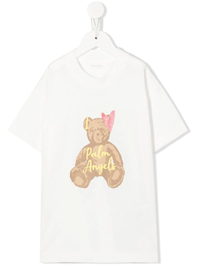 Palm Angels Kids' Teddy Bear-print Short-sleeved T-shirt In White