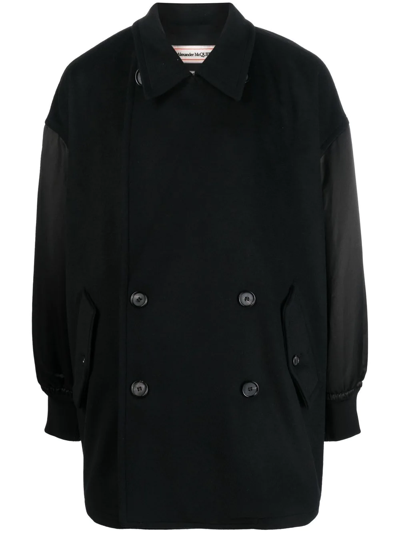 Alexander Mcqueen Leather-trim Double-breasted Jacket In Black