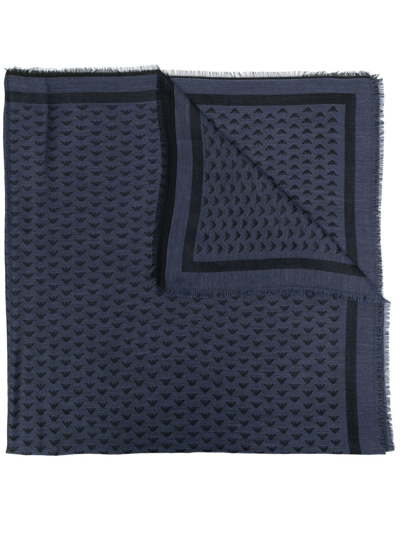 Emporio Armani Logo-print Fringed Scarf In Blau