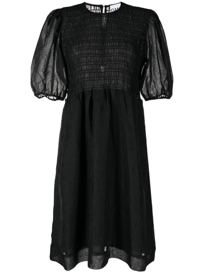 Ganni Crinkled Georgette Smocked Midi-dress In Black