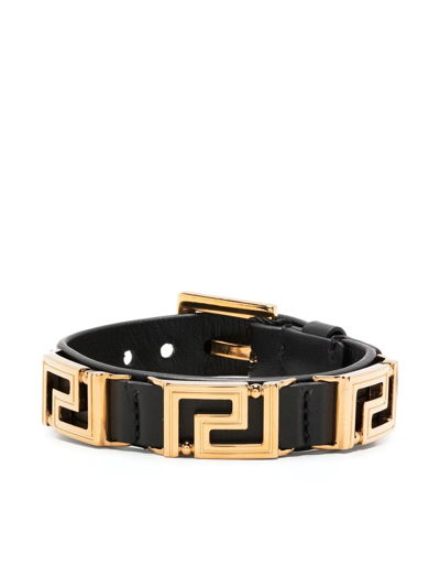 Versace Greca-charm Leather Bracelet In Black