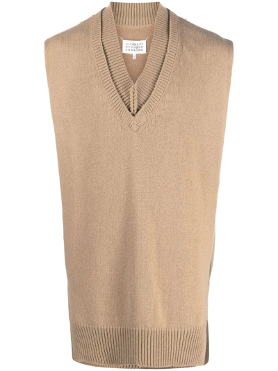 Maison Margiela Layered-detail V-neck Sweater In Brown